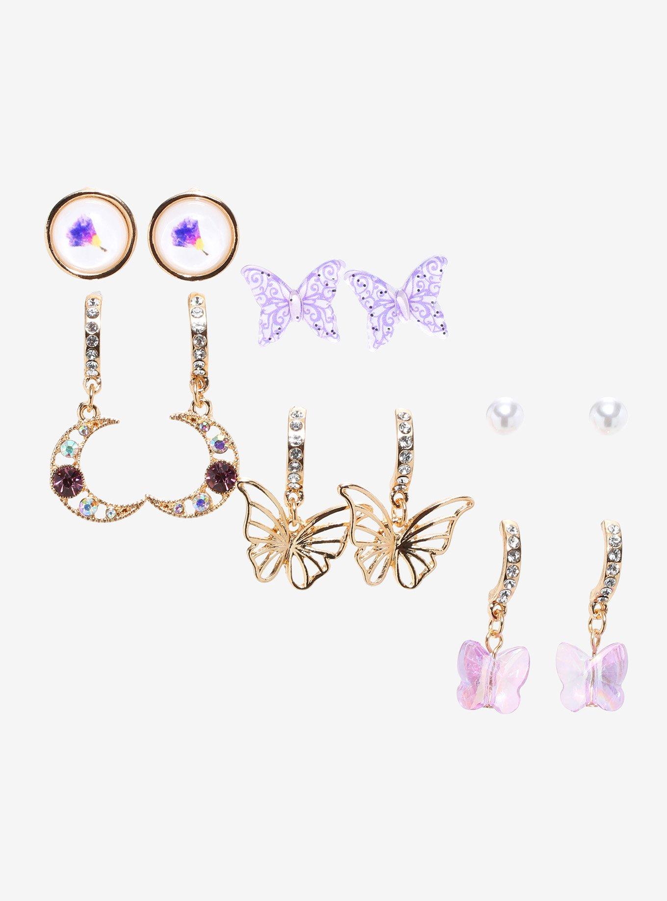 Purple Butterfly Bling Mini Hoop Earring Set, , hi-res