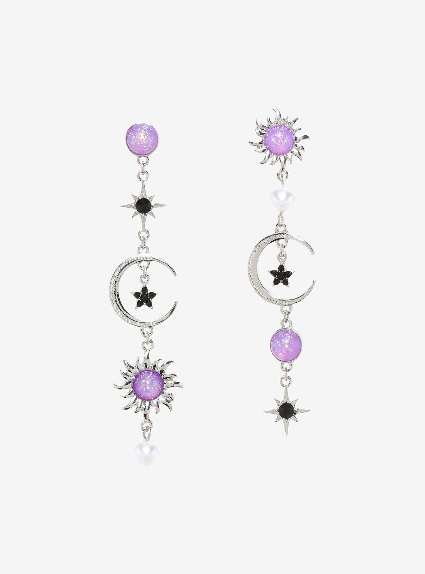 Celestial Purple Glitter Gem Drop Mismatch Earrings | Hot Topic