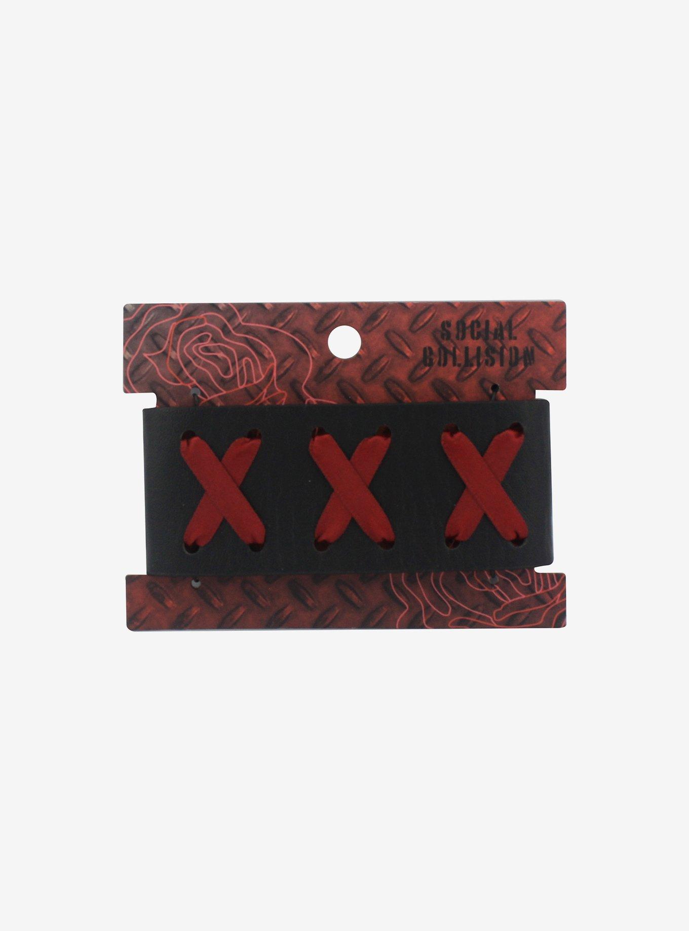 Black & Red Cross-Stitch Cuff Bracelet, , hi-res