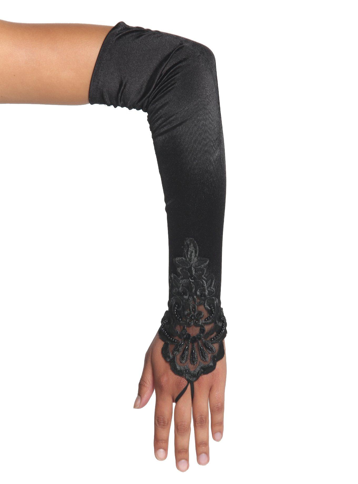 Black Satin Beaded Ruched Fingerless Gloves, , hi-res