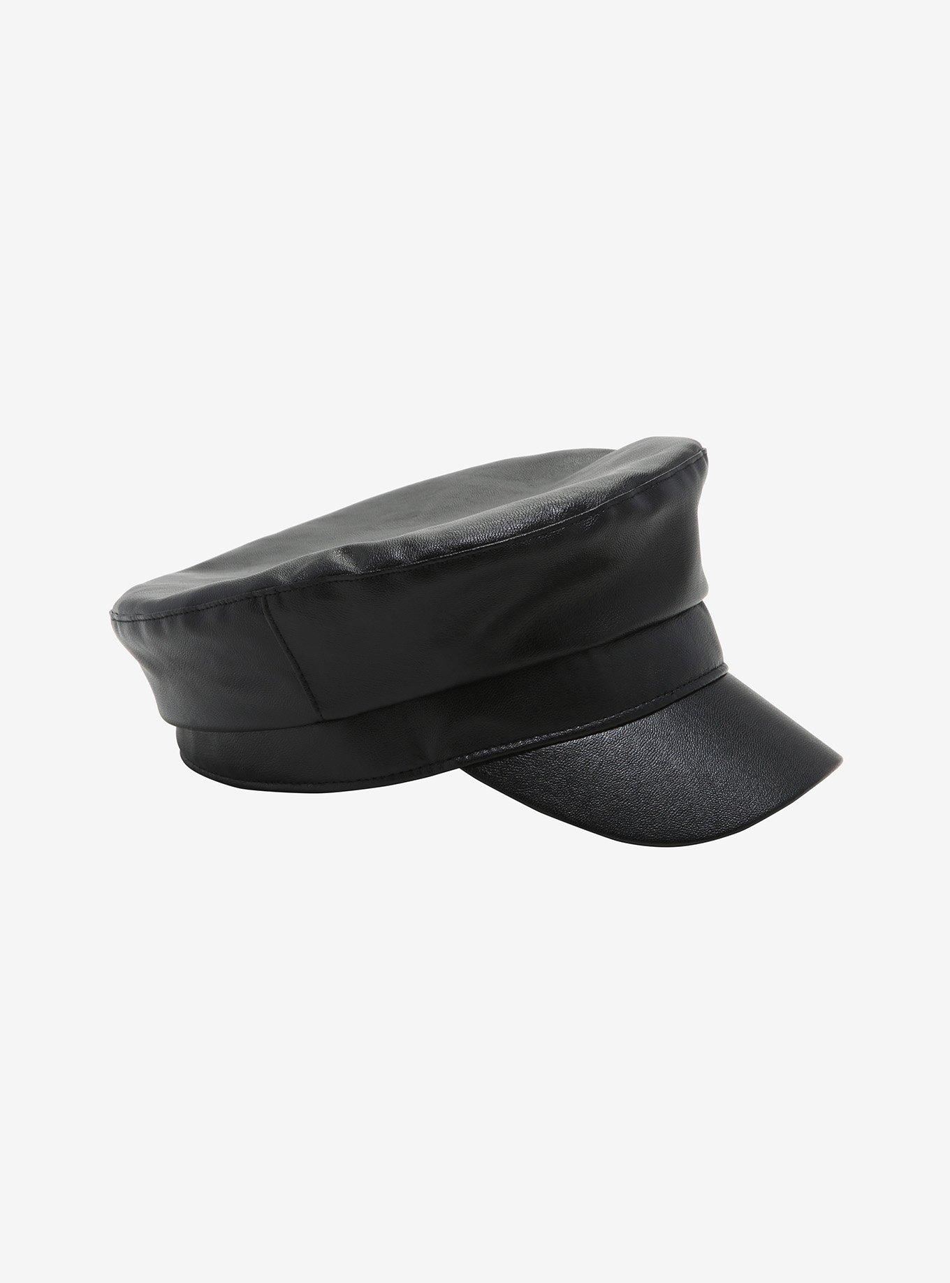 Black Faux Leather Cabbie Hat, , hi-res