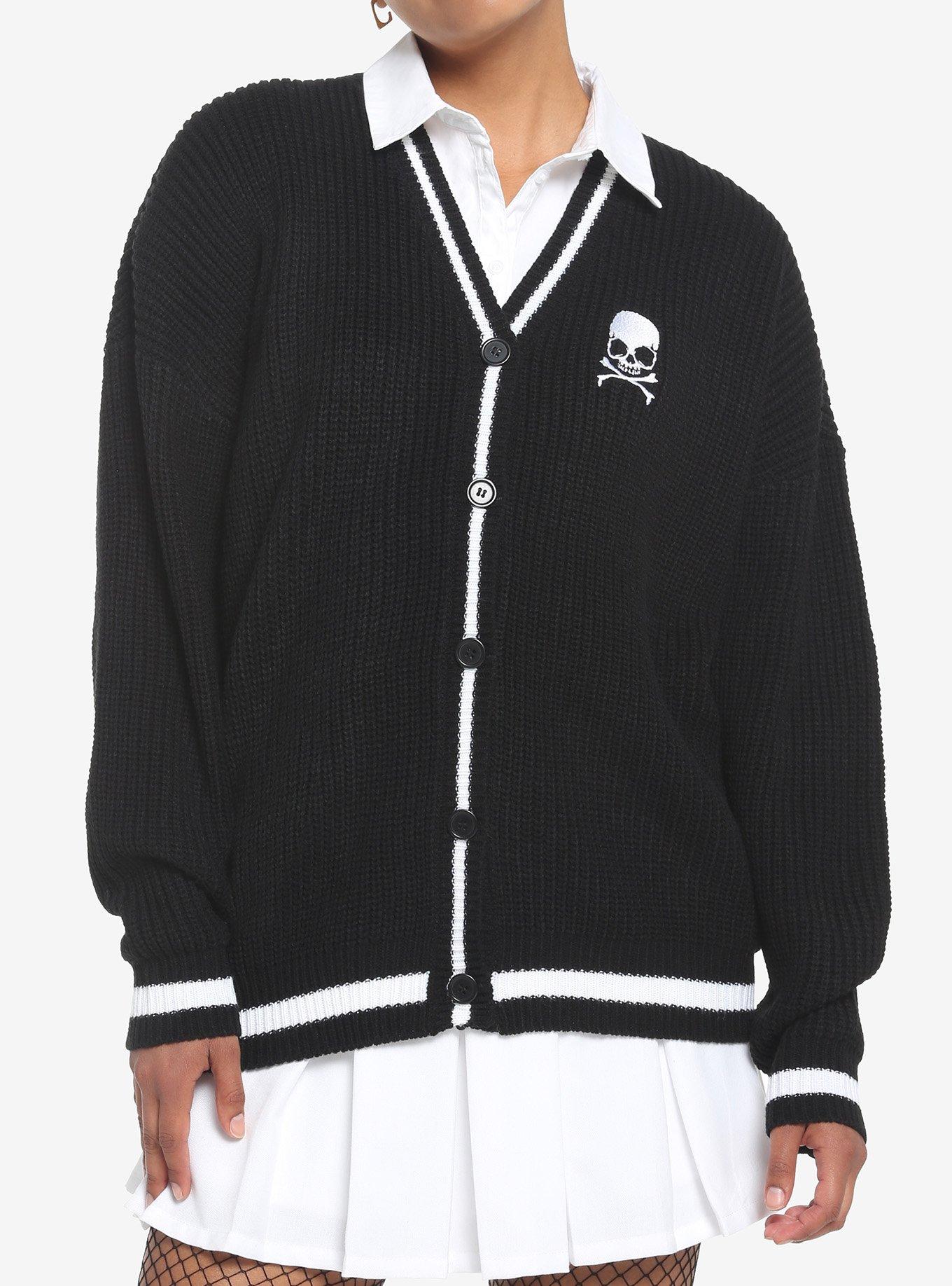 Skull Embroidery Varsity Stripe Girls Cardigan, BLACK, hi-res