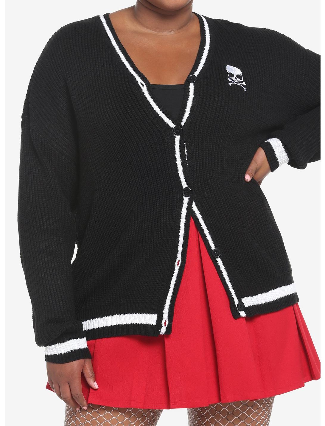Skull Embroidery Varsity Stripe Girls Cardigan Plus Size, BLACK, hi-res