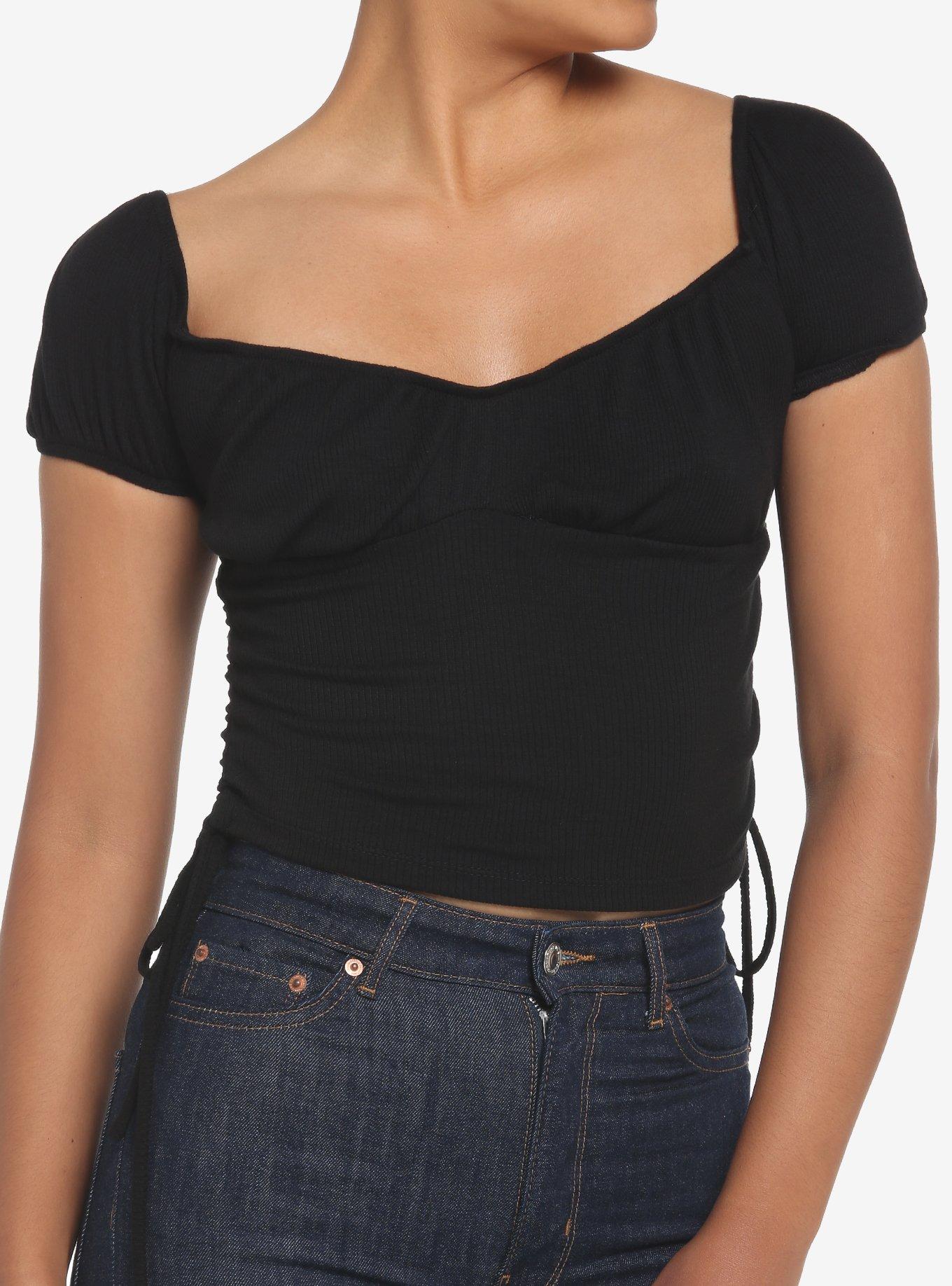 Black Puff Sleeve Crop Girls Top, BLACK, hi-res
