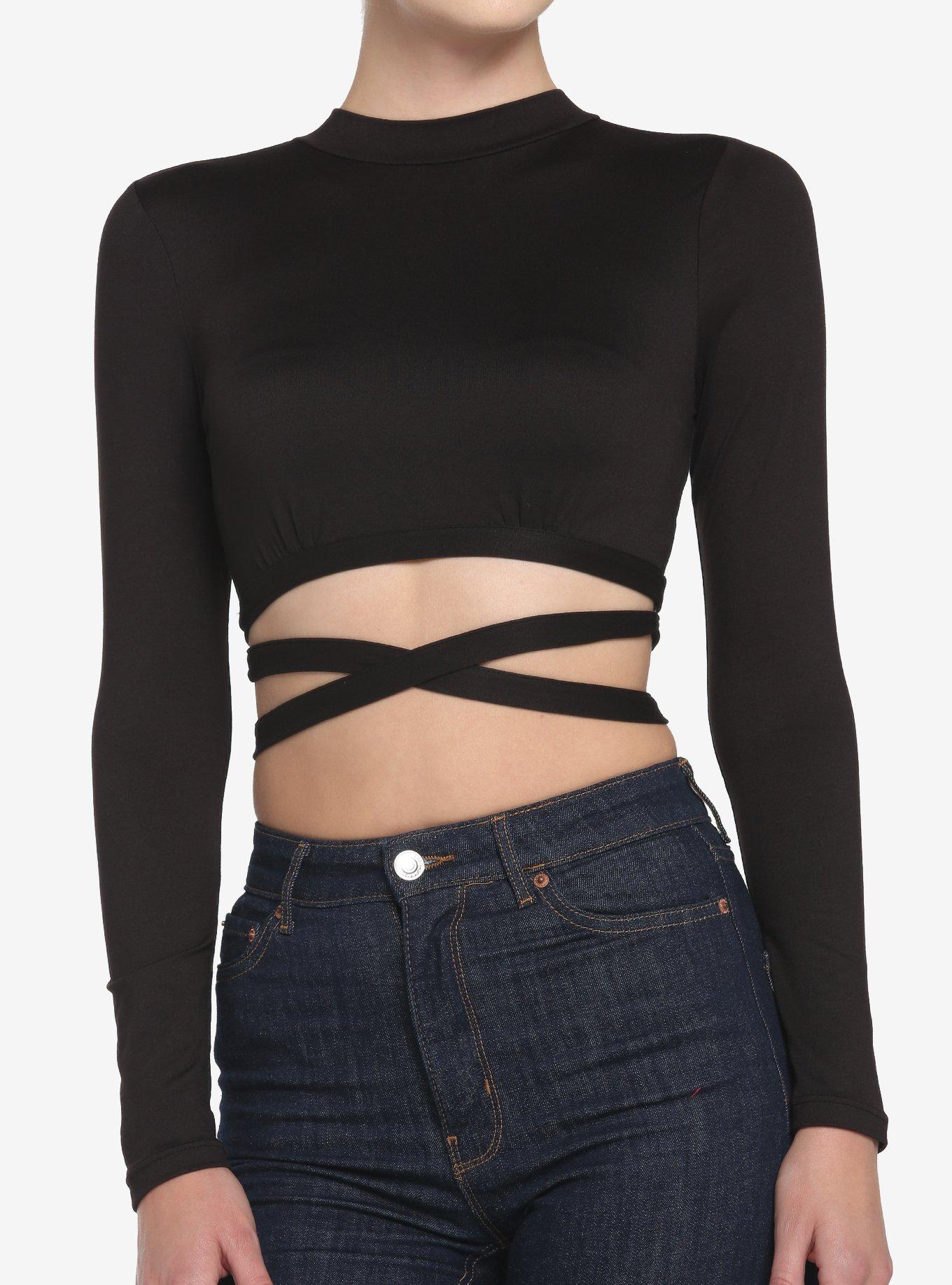 Black Wrap Waist Girls Crop Long-Sleeve Shirt, BLACK, hi-res