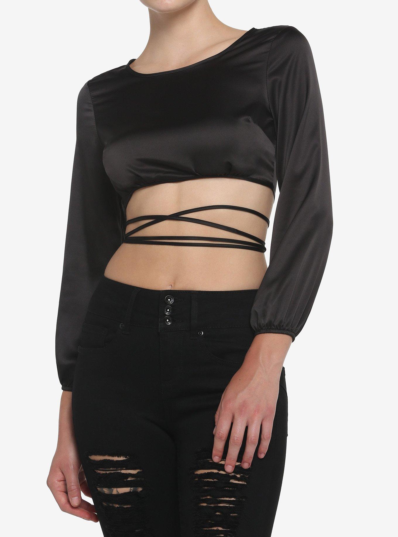 Black Open Back Girls Crop Long-Sleeve Top, BLACK, hi-res