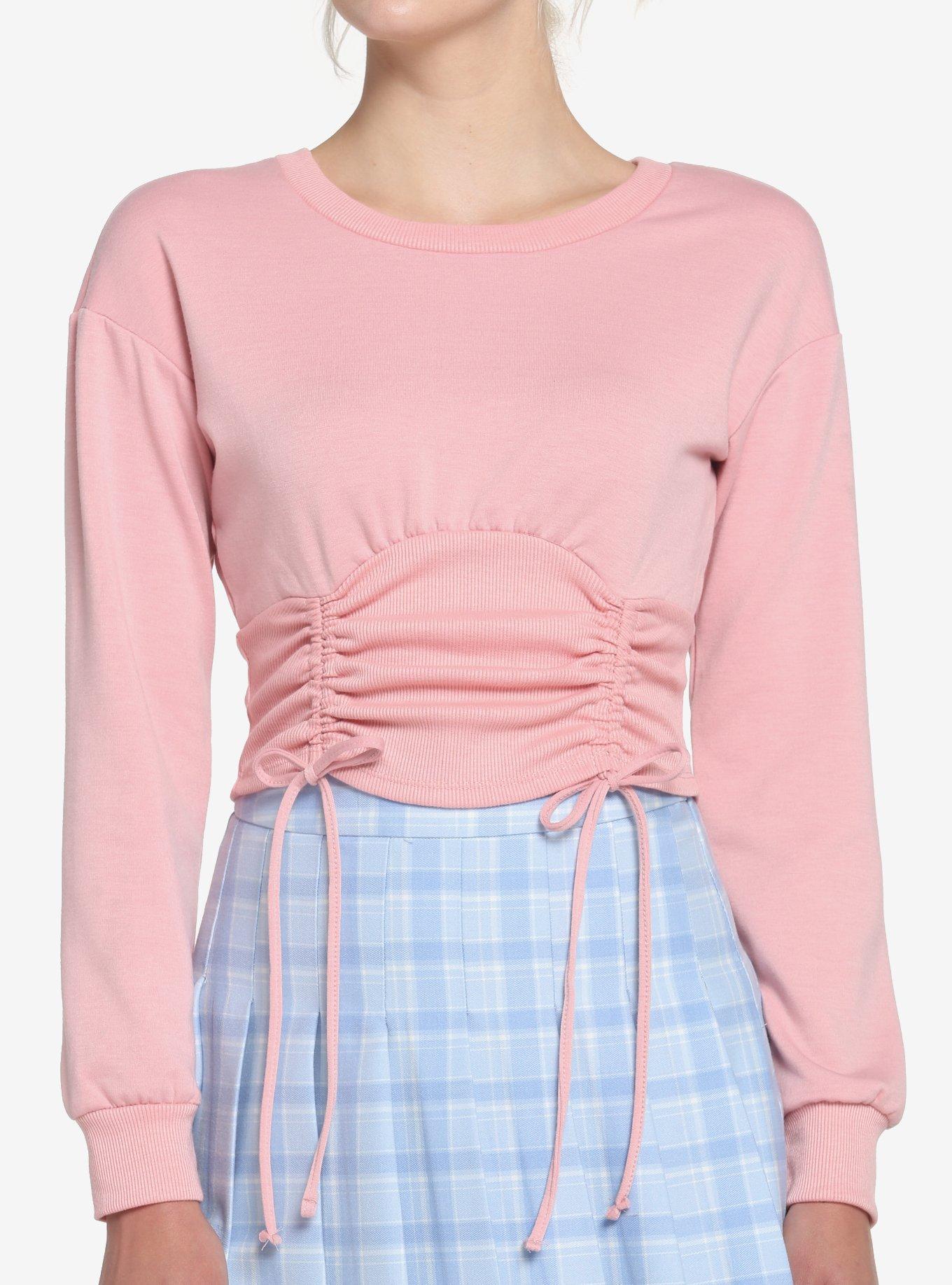 Pink Double Ruched Girls Crop Sweatshirt, PINK, hi-res