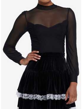 Black Double Ruched Mesh Girls Long-Sleeve Top, , hi-res