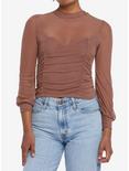 Mocha Double Ruched Mesh Girls Long-Sleeve Top, BROWN, hi-res