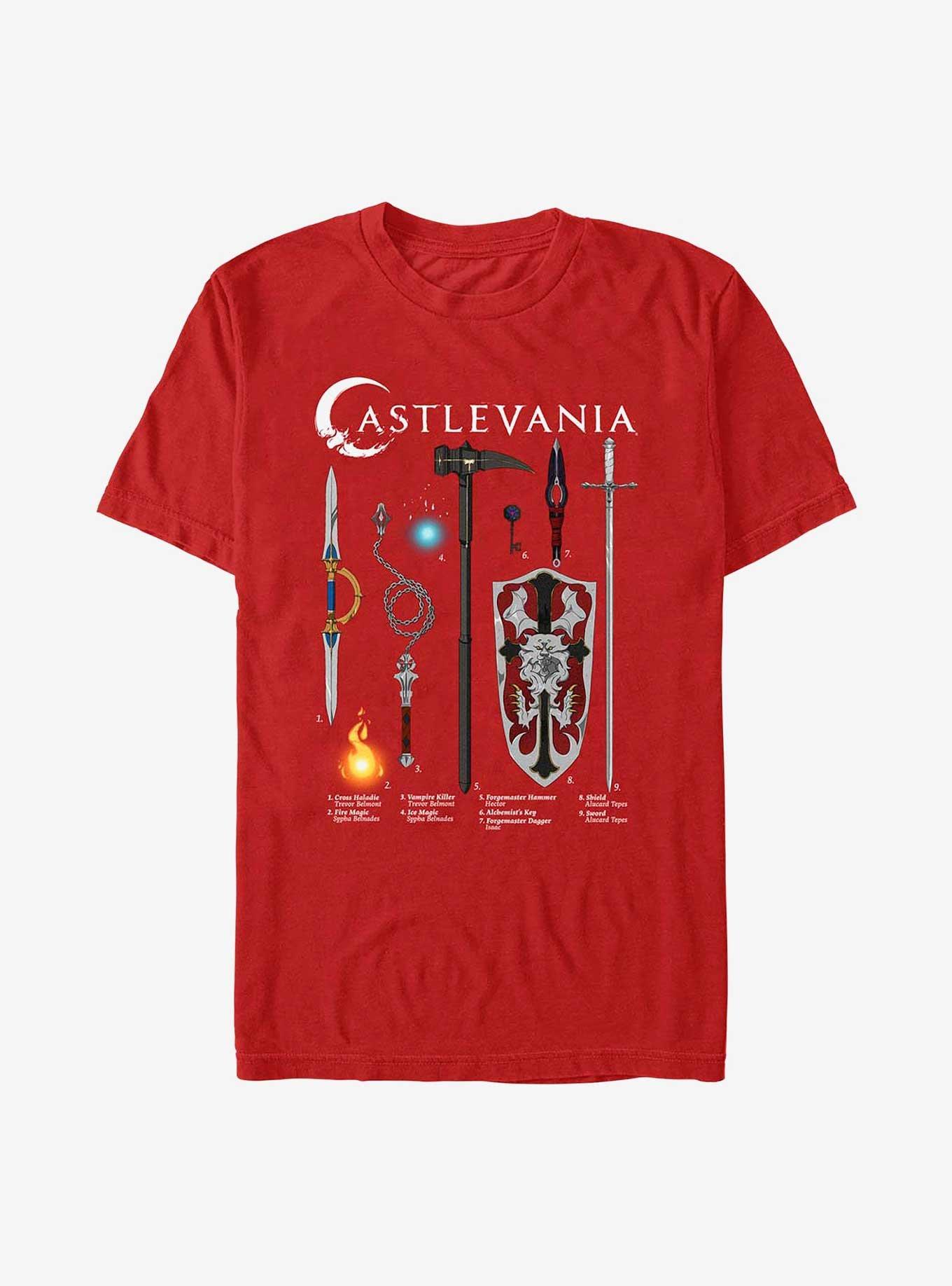 Castlevania Weapons Infographic T-Shirt, RED, hi-res