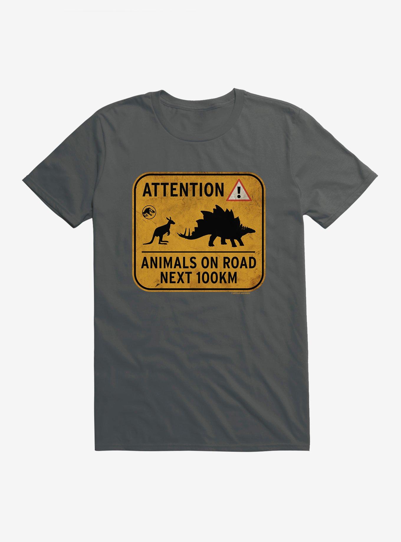 Jurassic World Dominion Attention Animals on Road T-Shirt, CHARCOAL, hi-res