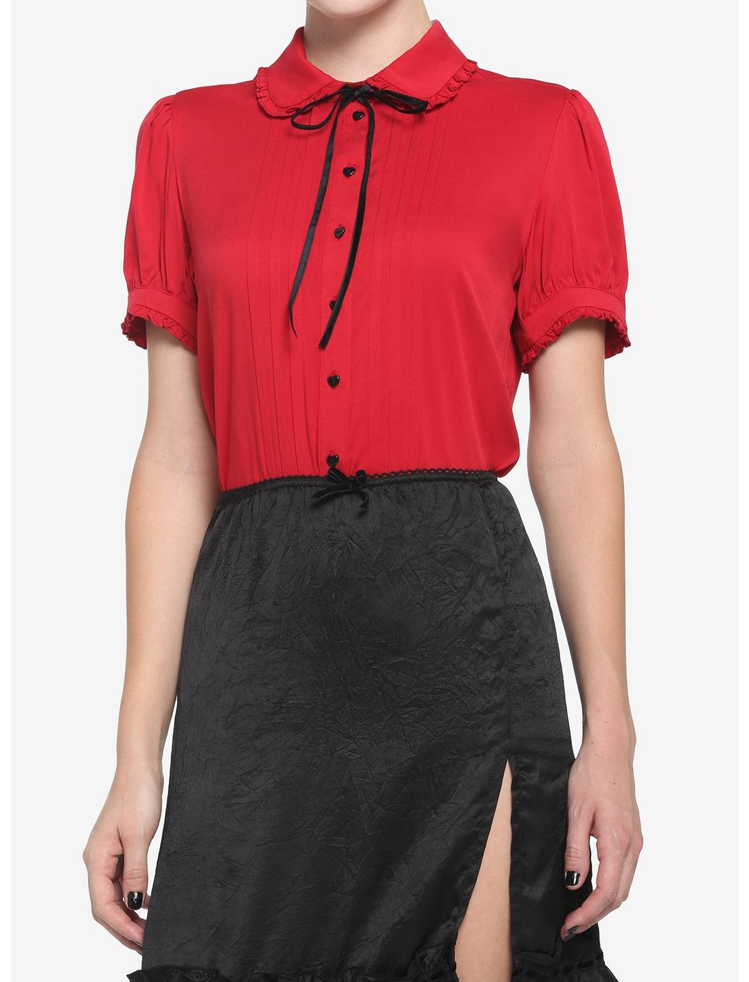 Red Peter Pan Collar Woven Button-Up, RED  BLACK, hi-res