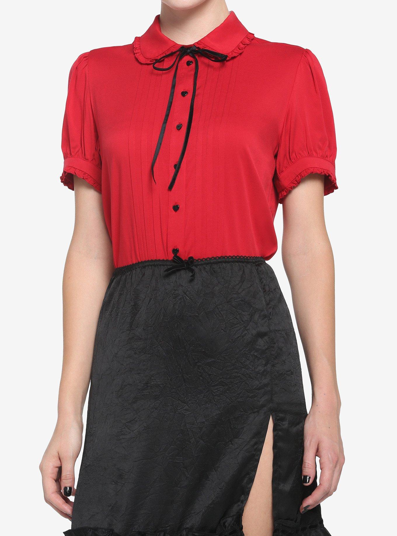 Red Peter Pan Collar Woven Button-Up, RED  BLACK, hi-res