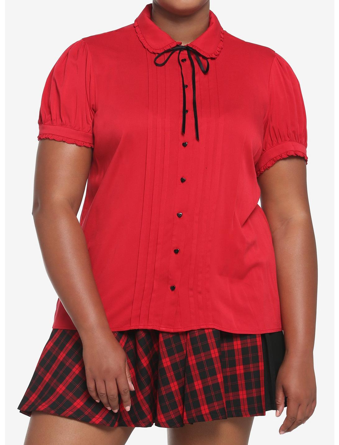 Red Peter Pan Collar Woven Button-Up Plus Size, RED  BLACK, hi-res