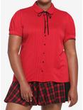 Red Peter Pan Collar Woven Button-Up Plus Size, RED  BLACK, hi-res
