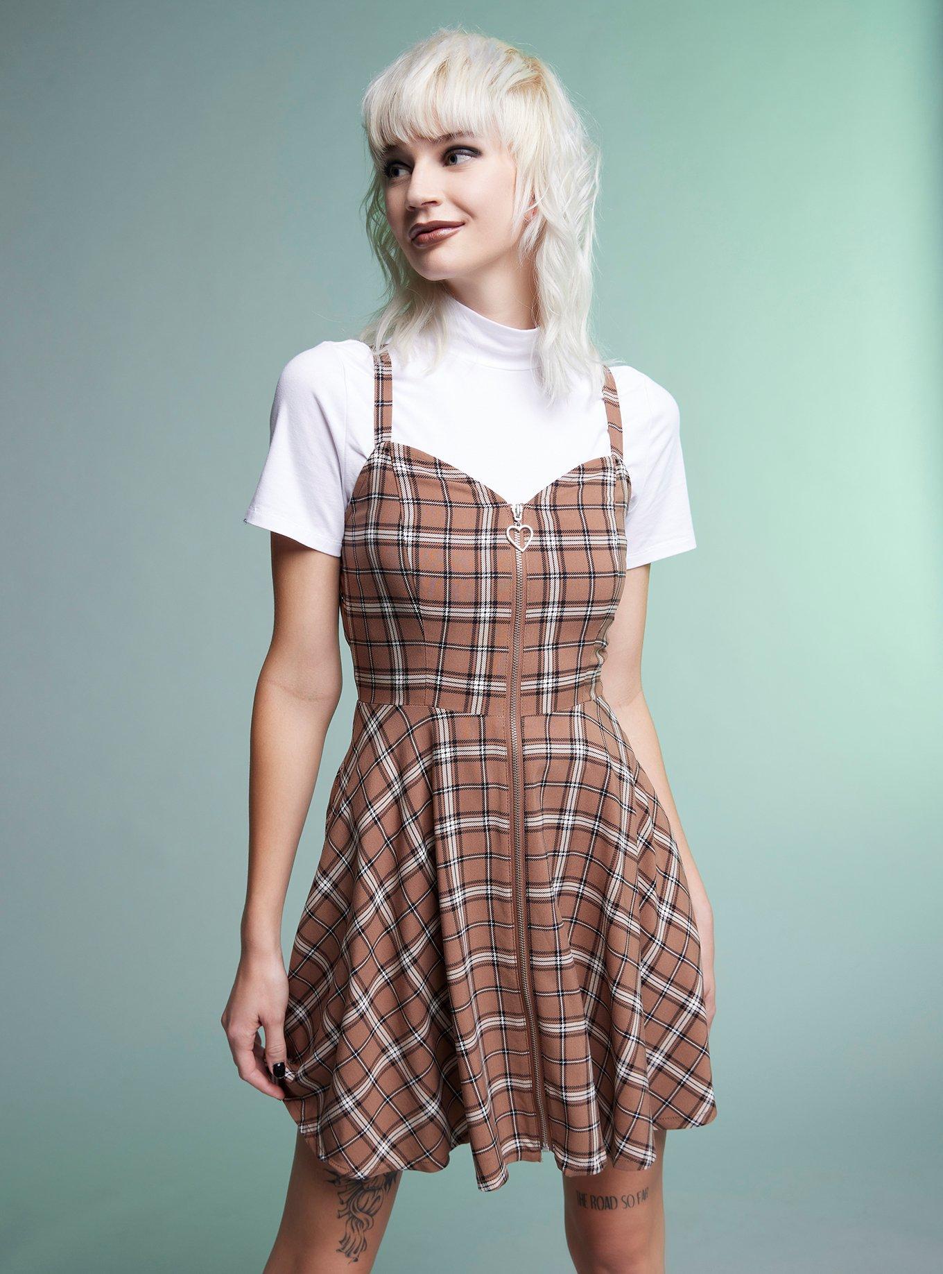 Brown Plaid Twofer Dress, PLAID - BROWN, hi-res
