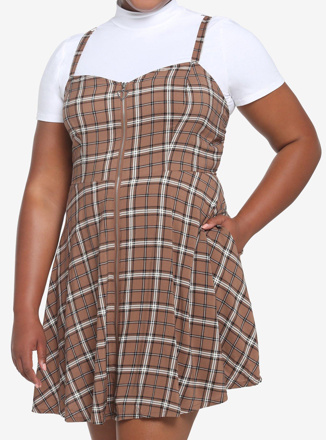Brown Plaid Twofer Dress Plus Size, PLAID - BROWN, hi-res