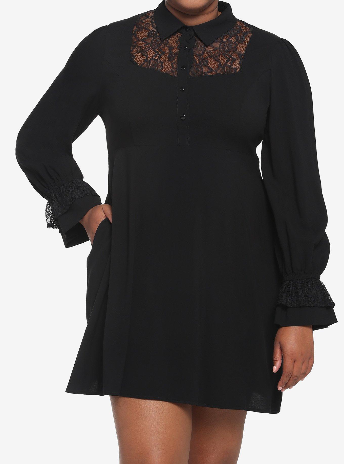 Black Lace Collared Dress Plus Size, DEEP BLACK, hi-res