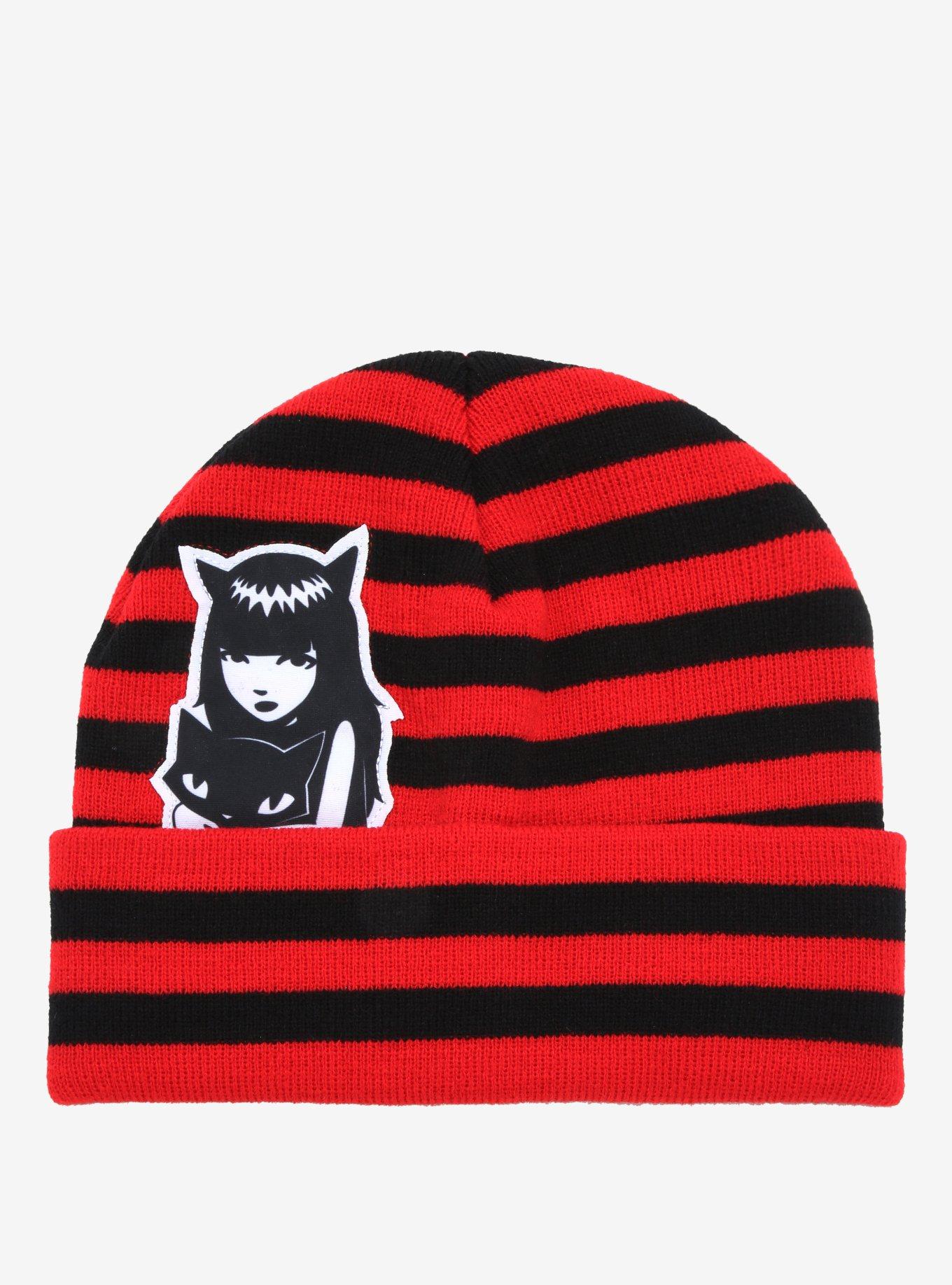 Emily The Strange Black & Red Stripe Peeking Beanie, , hi-res