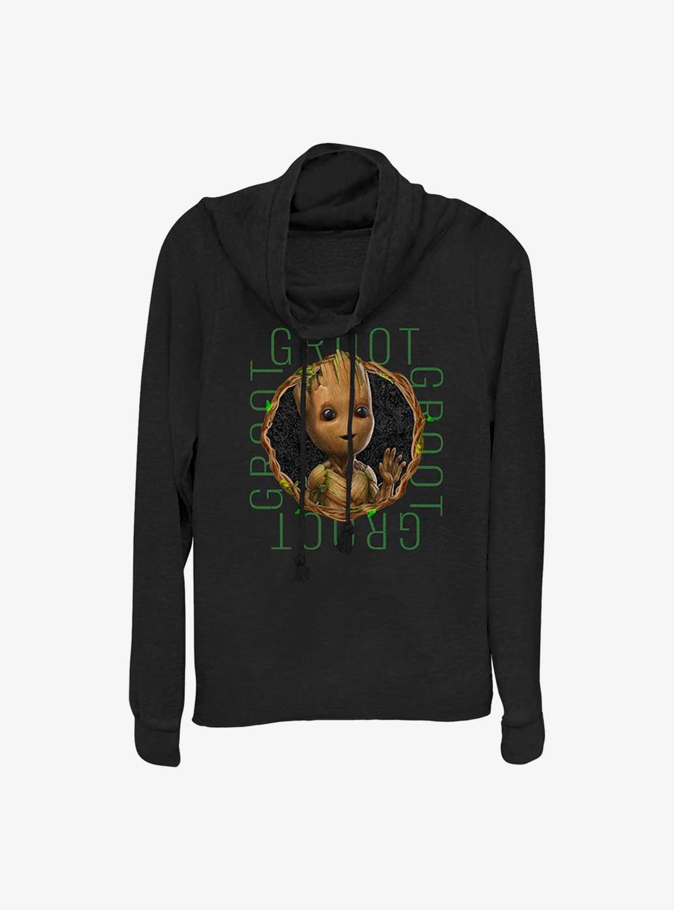 Marvel Guardians of the Galaxy Groot Focus Cowl Neck Long-Sleeve Top, BLACK, hi-res