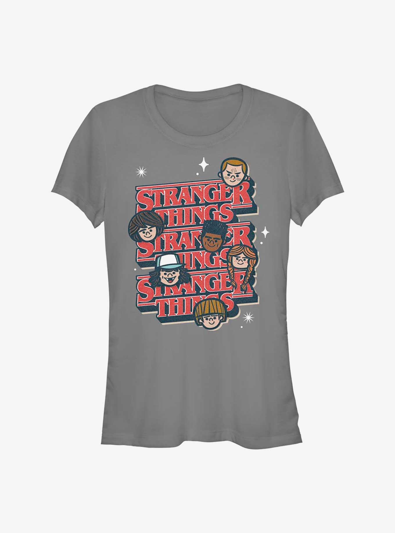 Stranger Things Toon Character Text Stack Girls T-Shirt, CHARCOAL, hi-res