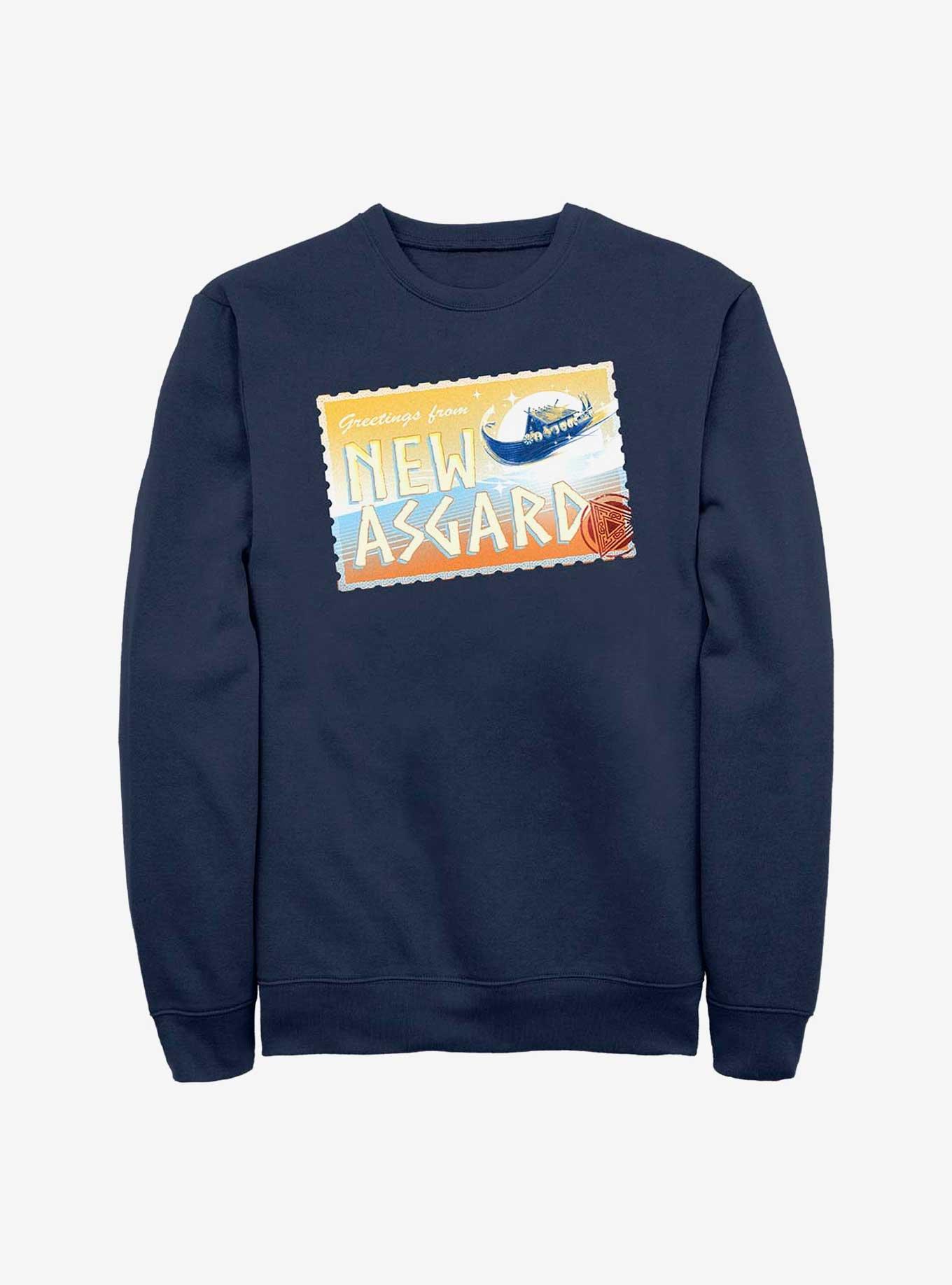 Marvel Thor: Love And Thunder Greetings From New Asgard Postcard Sweatshirt, NAVY, hi-res