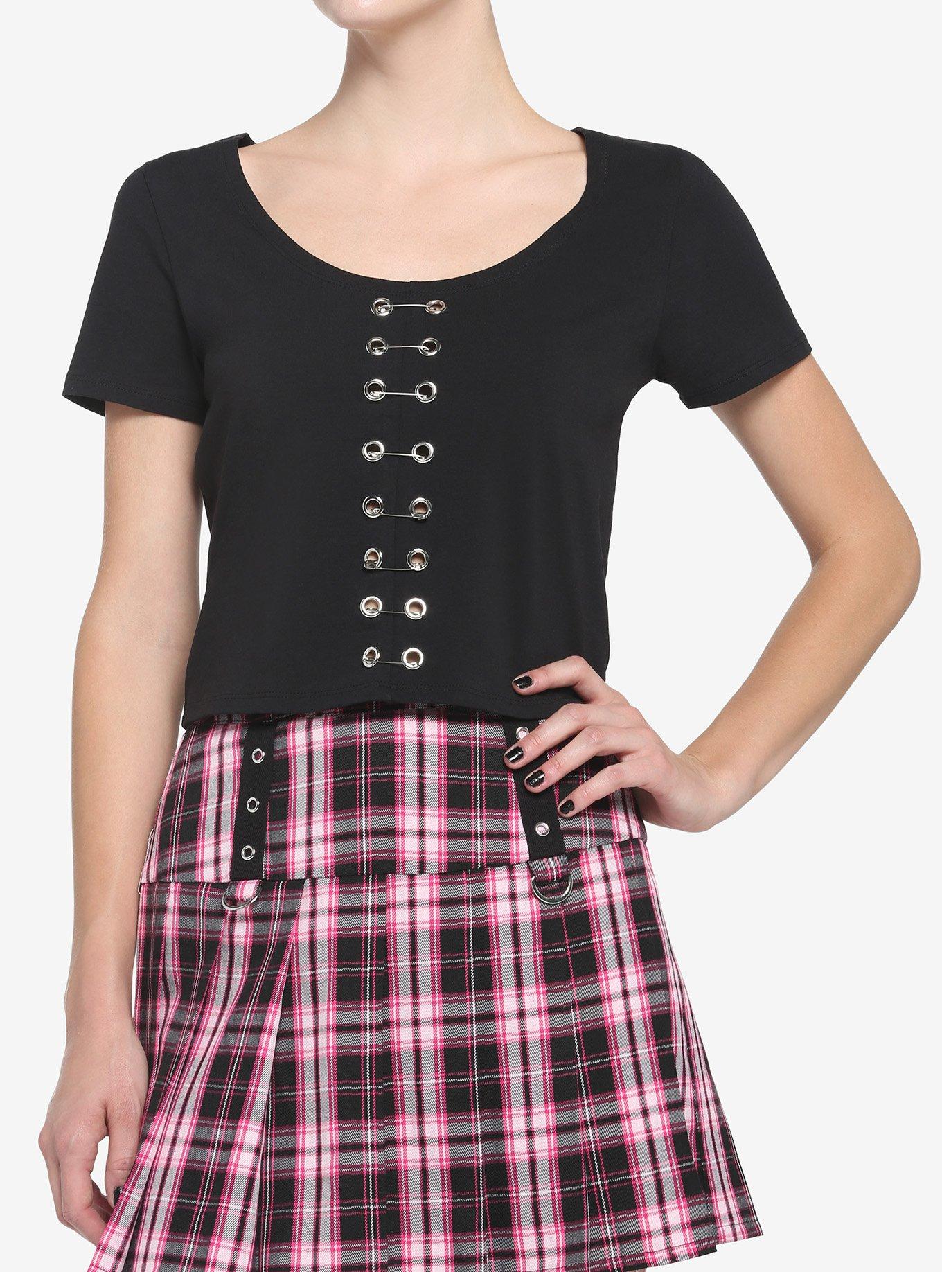 Black Safety Pin Girls Crop T-Shirt, BLACK, hi-res
