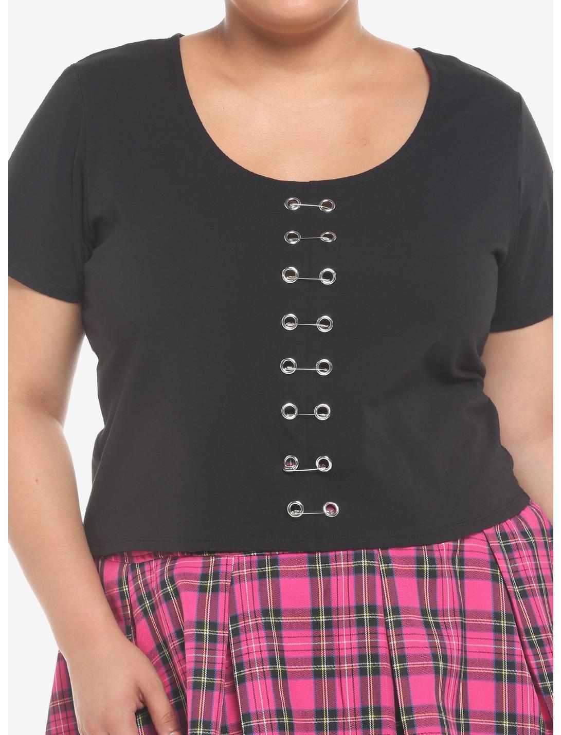 Black Safety Pin Girls Crop T-Shirt Plus Size, BLACK, hi-res