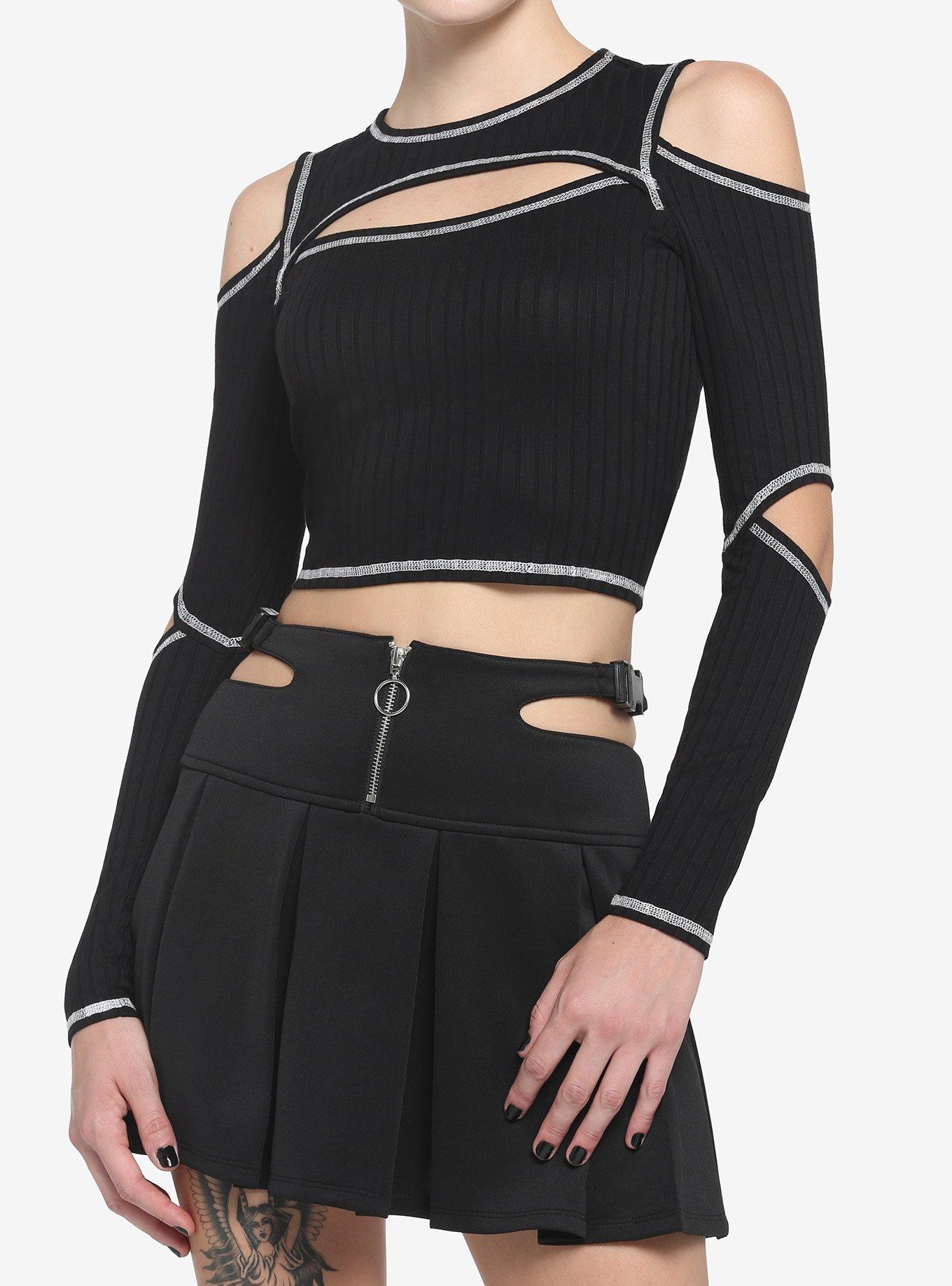 Black Cutout Girls Crop Long-Sleeve T-Shirt, BLACK, hi-res