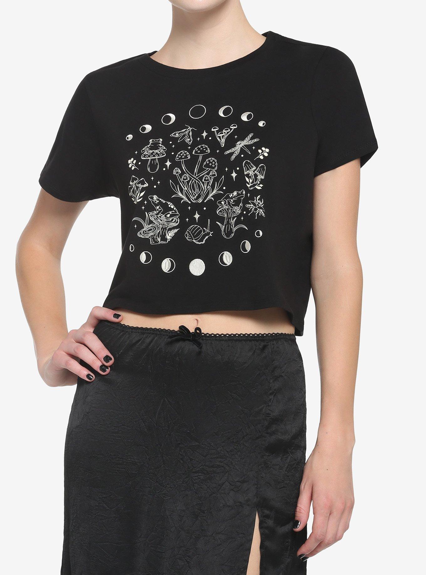 Black Mushroom Moon Phase Girls Crop T-Shirt, BLACK, hi-res