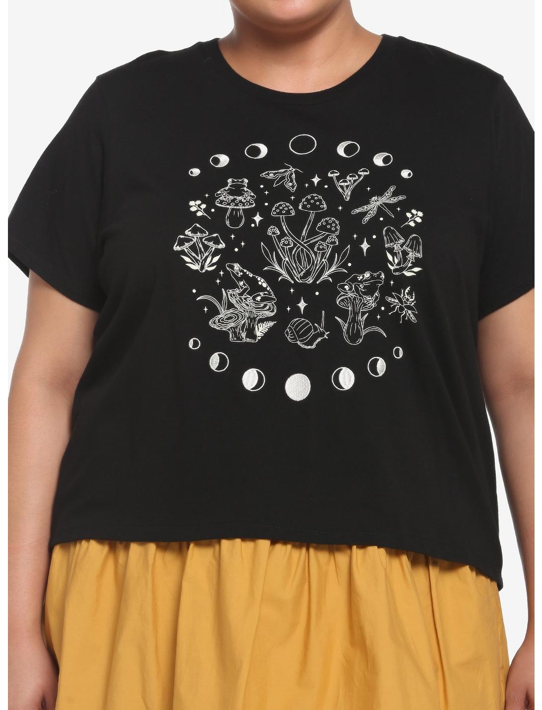 Black Mushroom Moon Phase Girls Crop T-Shirt Plus Size, BLACK, hi-res