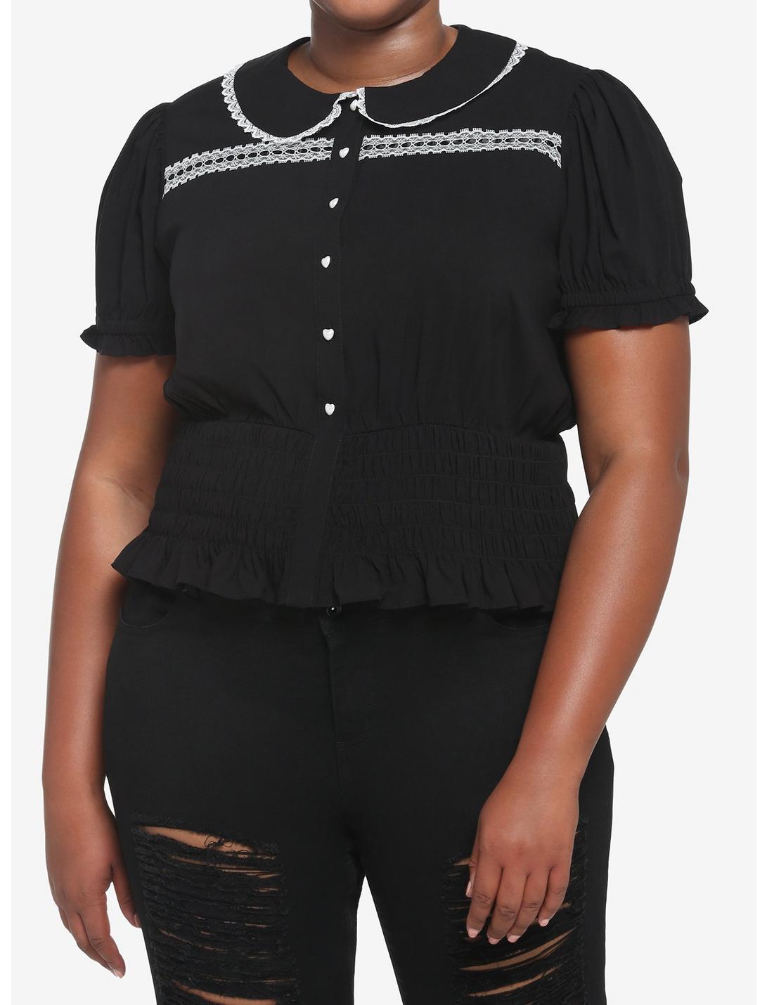 Black Smock Girls Crop Woven Button-Up Plus Size, BLACK, hi-res