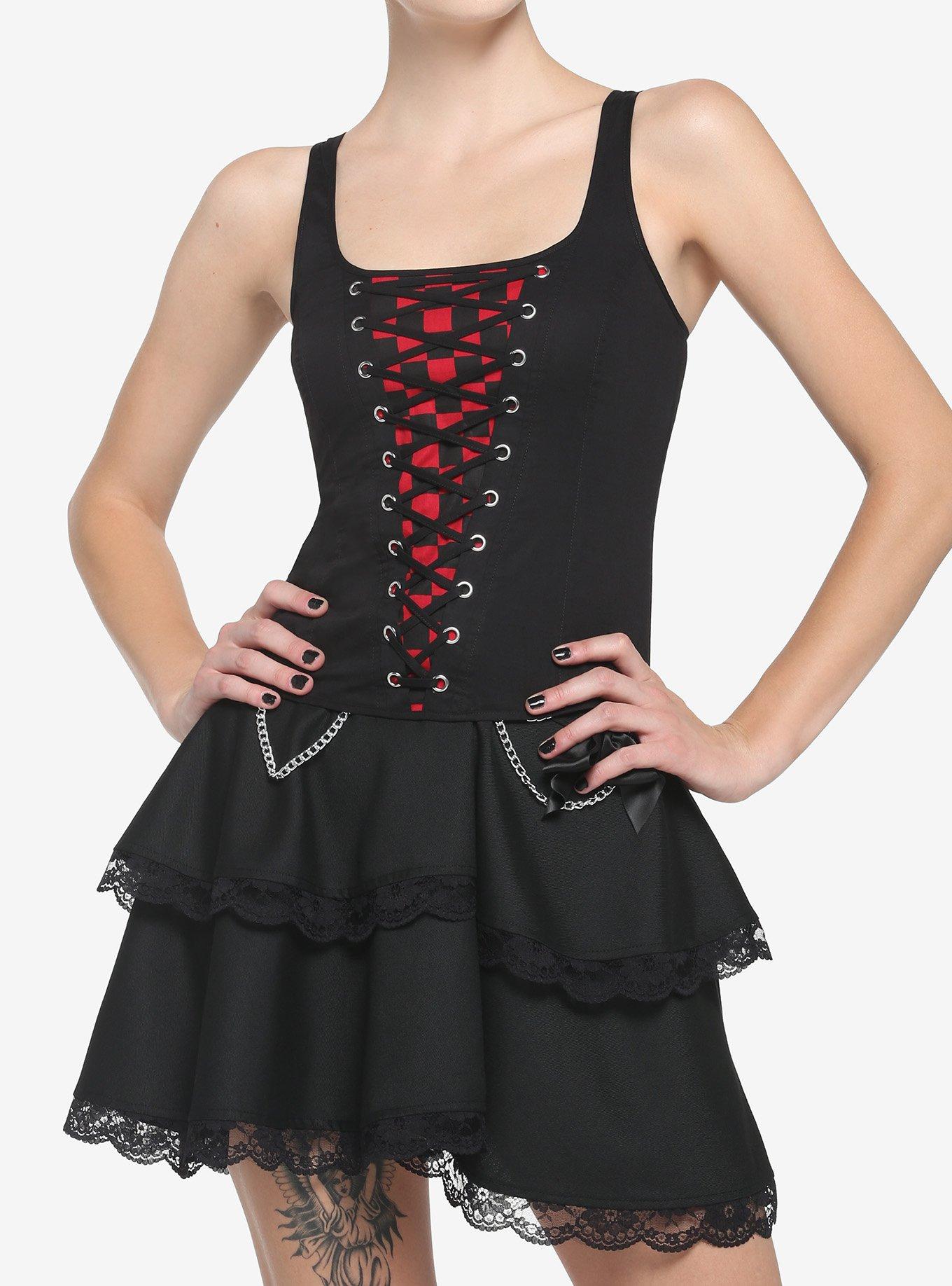 Black & Red Checker Lace-Up Corset, CHECKERED, hi-res