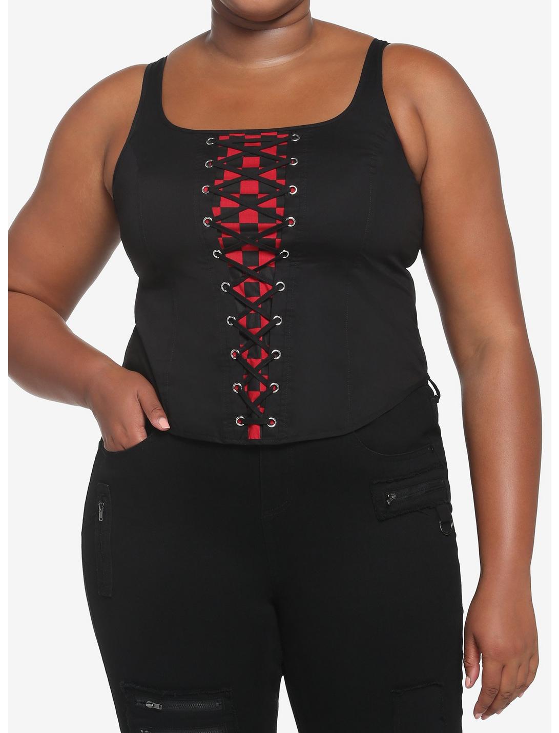 Black & Red Checker Lace-Up Corset Plus Size, CHECKERED, hi-res