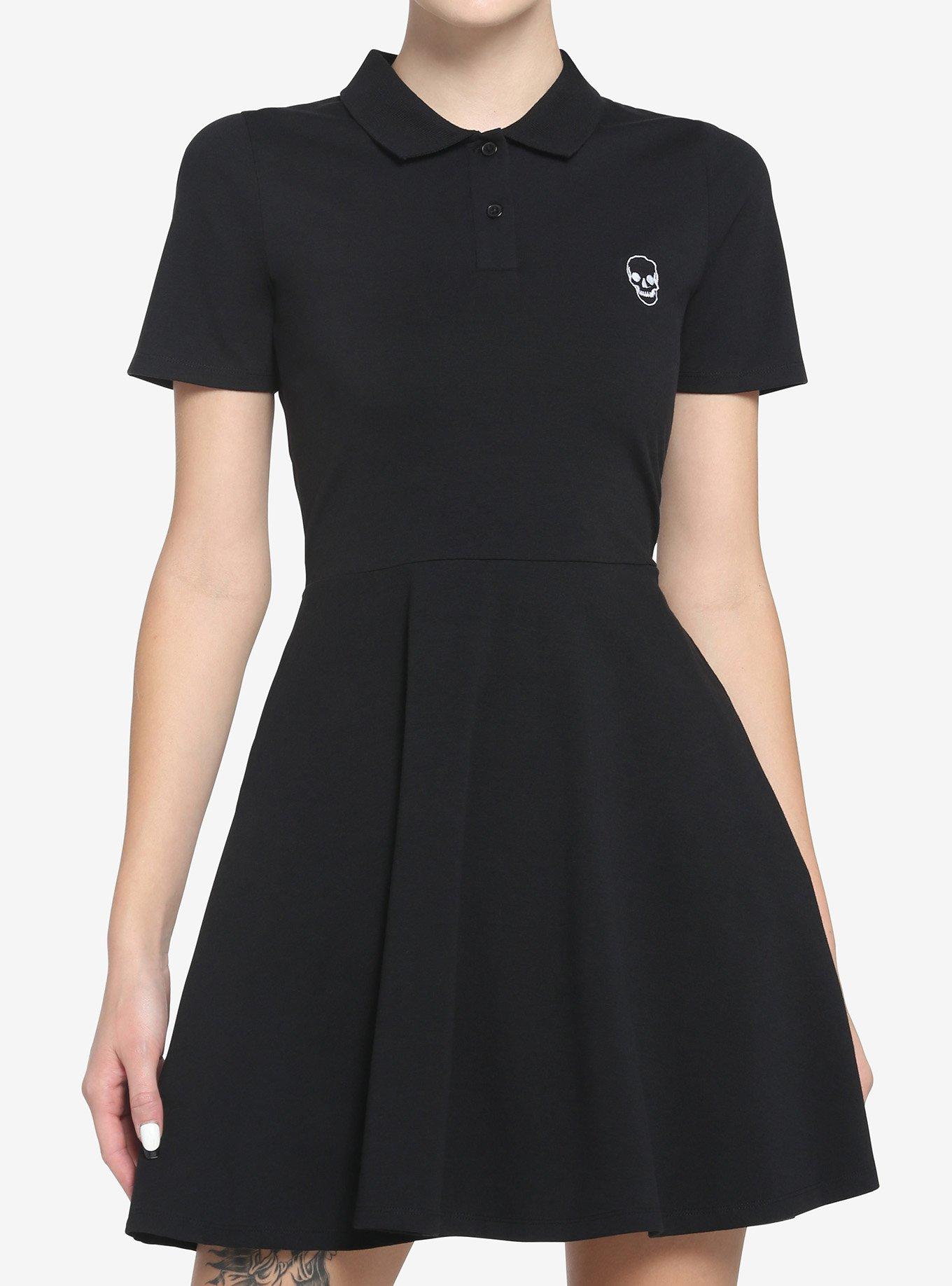 Embroidered Skull Polo Dress, BLACK, hi-res