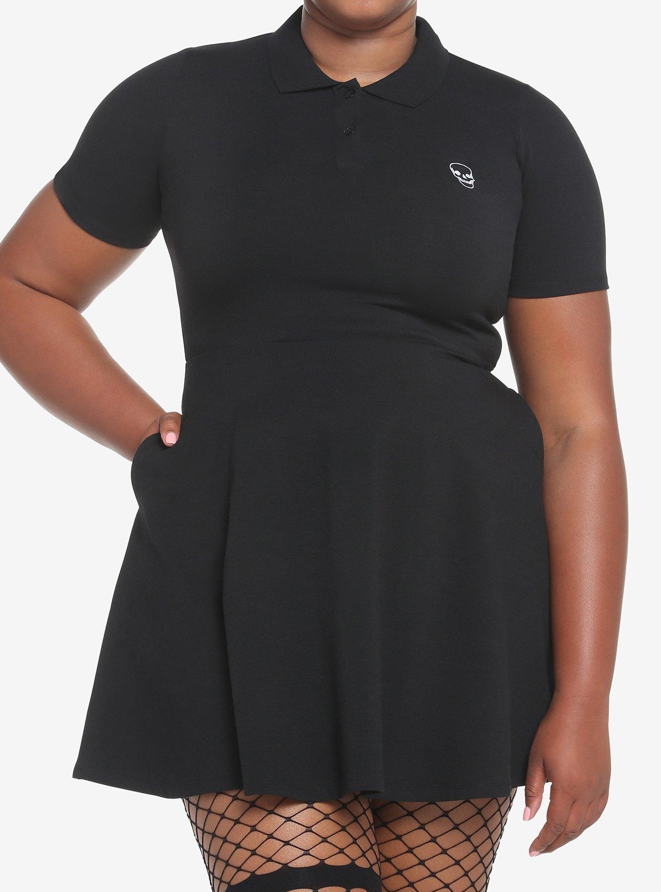 Embroidered Skull Polo Dress Plus Size, BLACK, hi-res