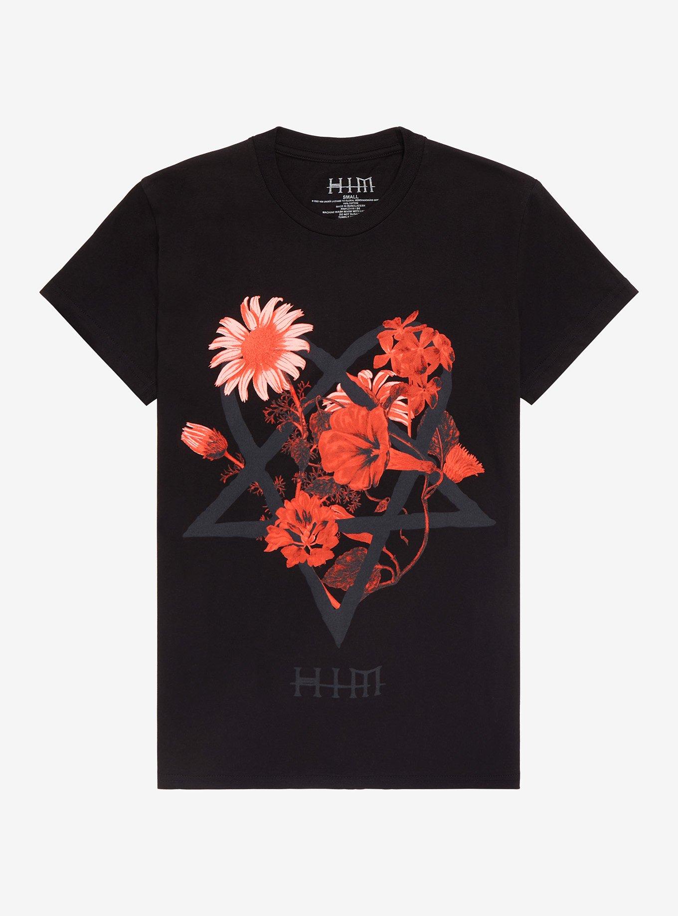 HIM Heartagram & Flowers Boyfriend Fit Girls T-Shirt, BLACK, hi-res