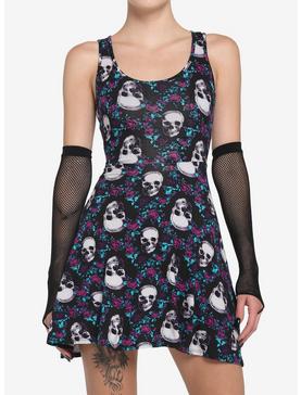 Skulls & Flowers Skater Dress With Lace Back, , hi-res