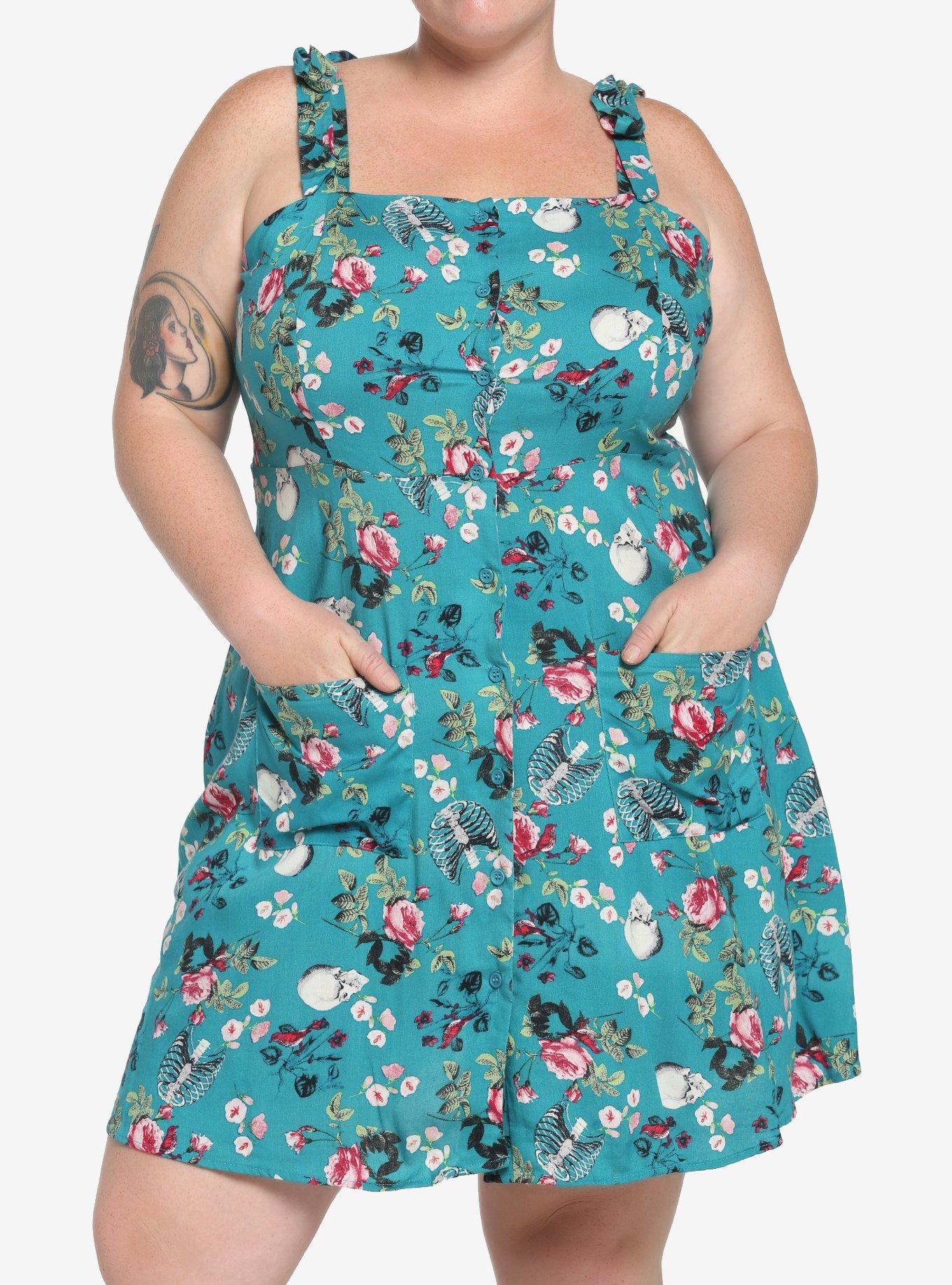 Teal Skeleton Floral Dress Plus Size, TEAL, hi-res