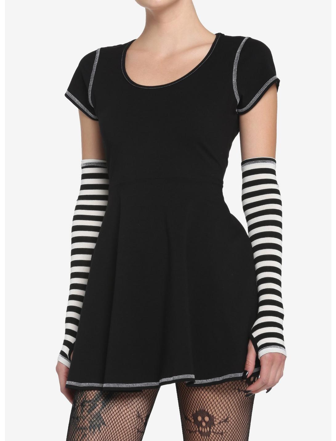Black & White Contrast Stitch Skater Dress With Arm Warmers, MULTI, hi-res