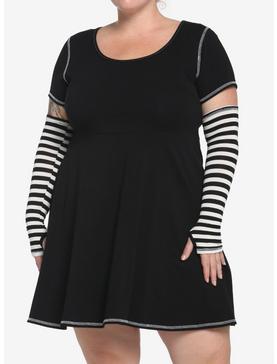 Black & White Contrast Stitch Skater Dress Plus Size With Arm Warmers, , hi-res
