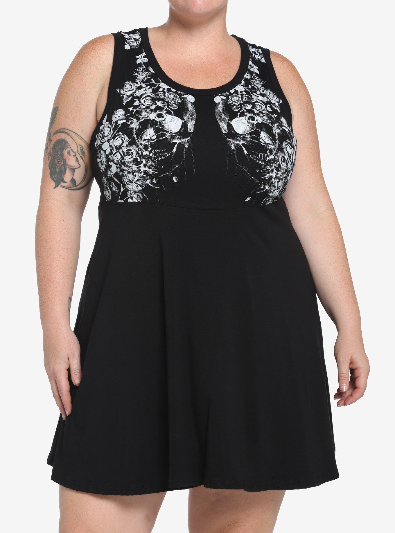 Skull Floral Skater Dress Plus Size, BLACK, hi-res
