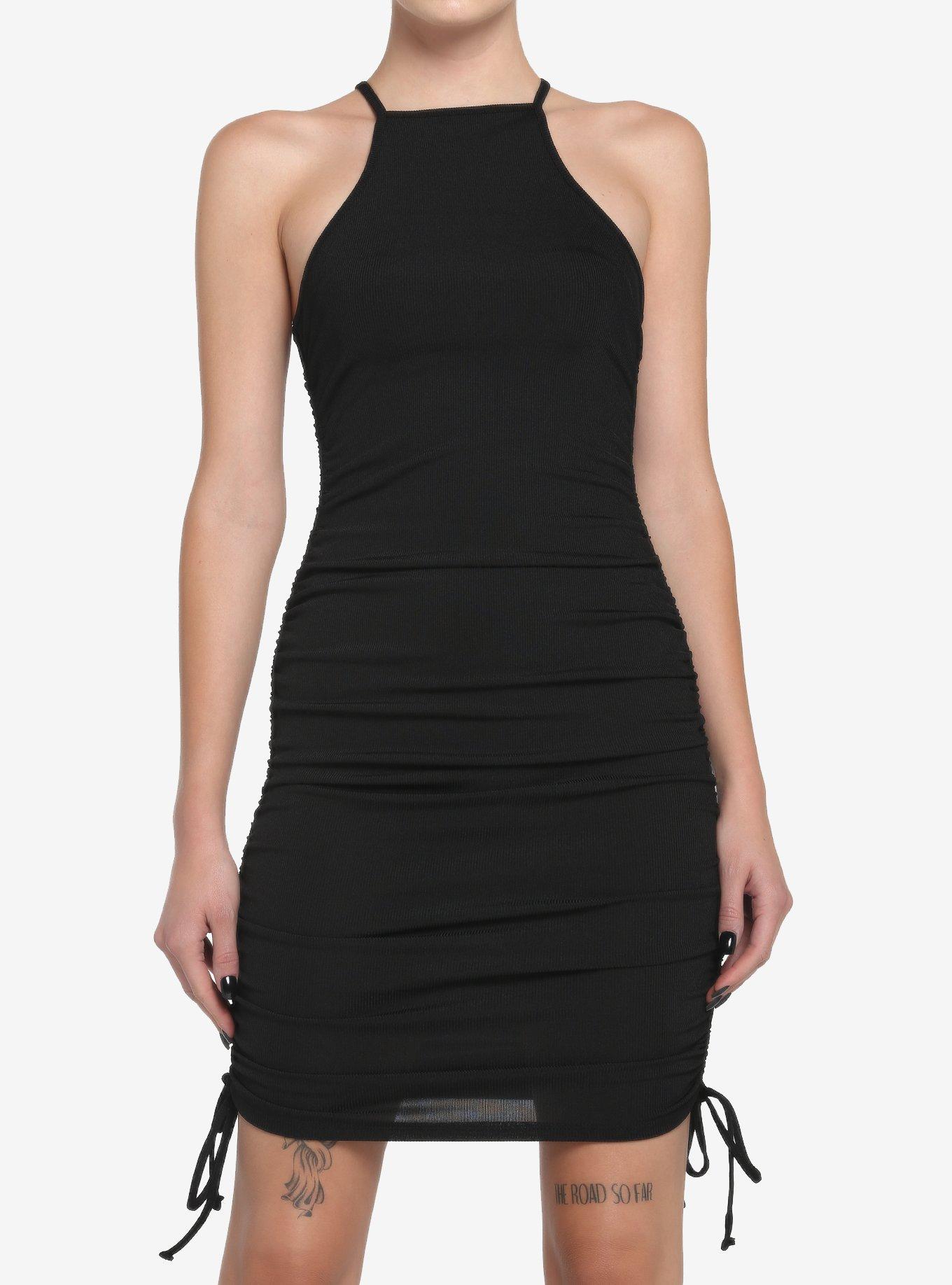 Black High Neck Ruched Dress, , hi-res
