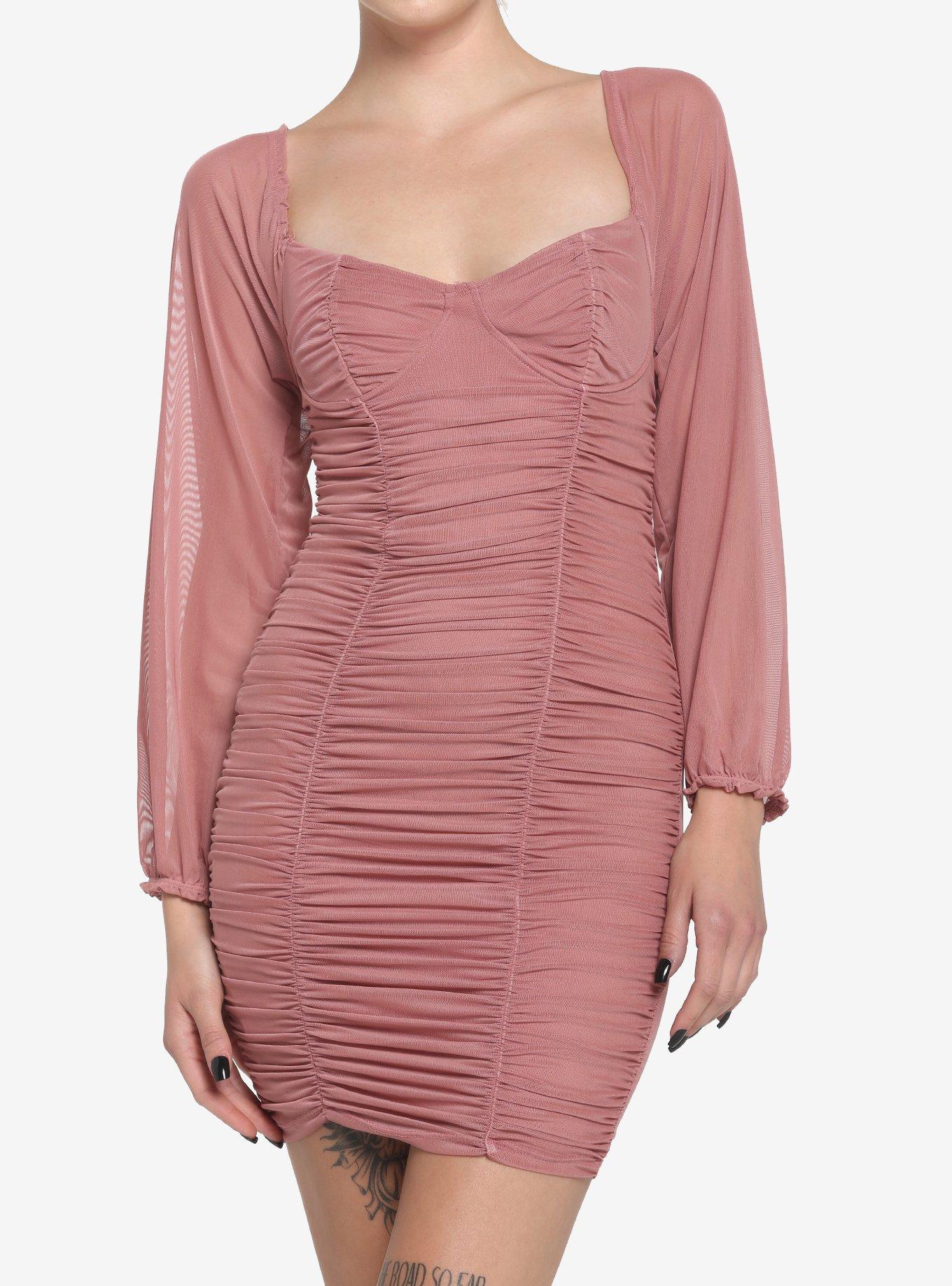 Rose Pink Ruched Long-Sleeve Mini Dress, PINK, hi-res