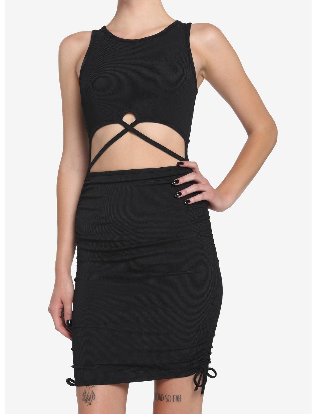 Black Cutout Ruched Mini Dress, BLACK, hi-res