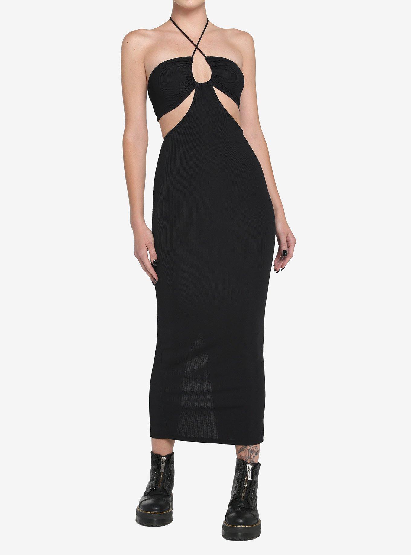Black Halter Cutout Maxi Dress, BLACK, hi-res