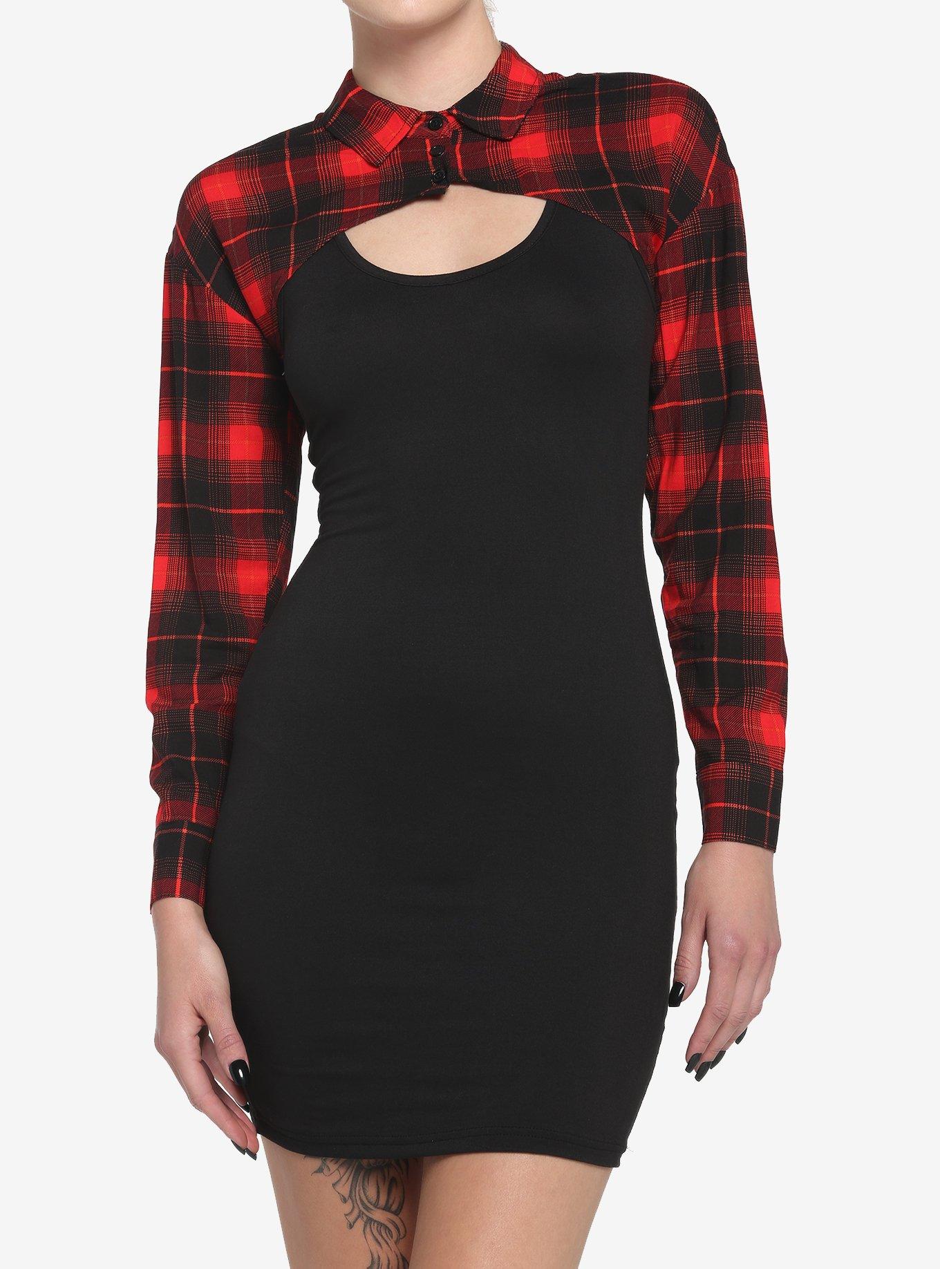 Red Plaid & Black TwoFer Mini Dress, PLAID, hi-res