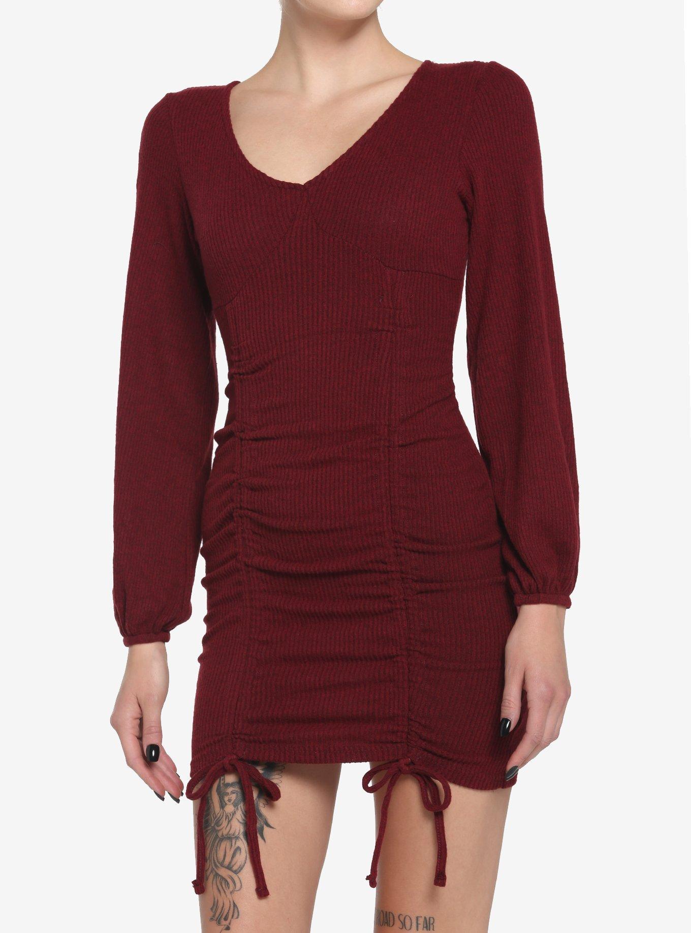 Burgundy Red Ruched Front Long-Sleeve Dress, RED, hi-res