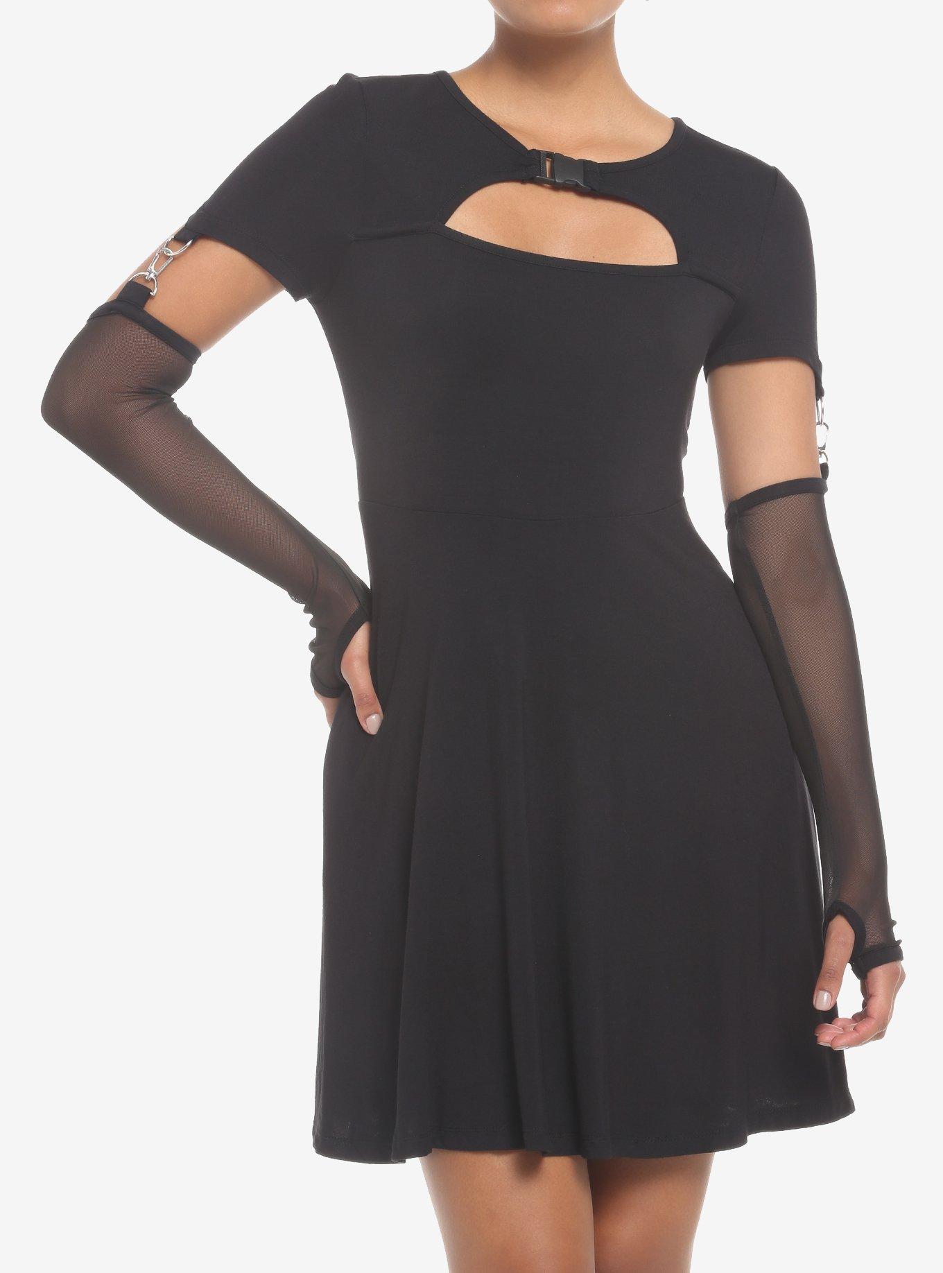 Black Cutout Skater Dress With Arm Warmers, , hi-res