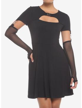Black Cutout Skater Dress With Arm Warmers, , hi-res